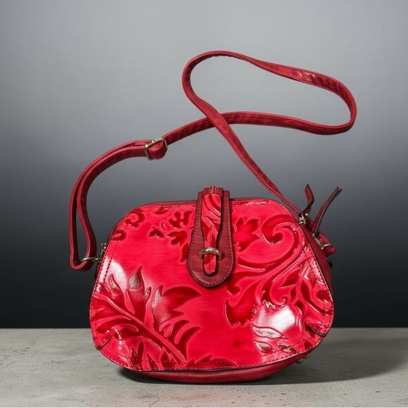 Handbags - M.C. Marc Chantal Red Tooled Leather Vintage Floral Embossed Crossbody Bag